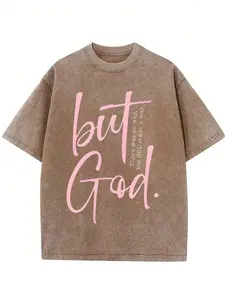 Vintage But God There Was No Way But God Made A Way Pink Script Christian T-Shirt, Washed Brown Cotton Oversized Short Sleeve Tee, Inspirational Faith Casual Crewneck Shirt