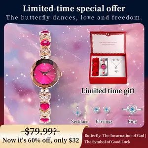 Clvmu Kiai Ladies Elegant Butterfly Watch Bracelet Set with Heart Shaped Gift Box Exquisite Necklace Ring Earrings Fashionable Jewelry for Women Perfect Festival Gift Baby G Rhinestone Wristwatch