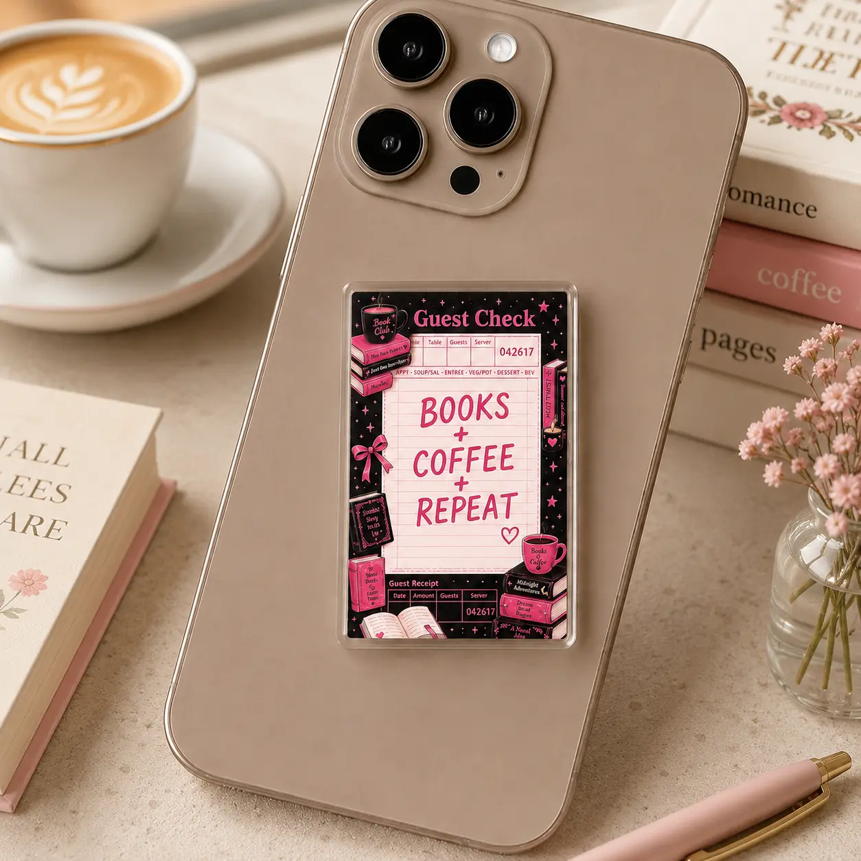 Aesthetic 2D Acrylic Cute Book Club Phone Grip, Pink Coffee Pop Socket, BookTok Phone Stand Holder