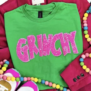Sequin Pink Grinchy on Green Crewneck Sweatshirt