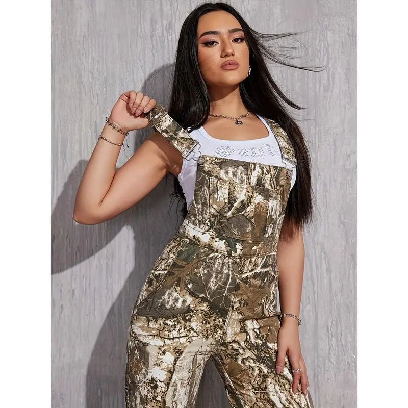 Women's Stretch-Free Suspender Camouflage Pants Jumpsuit Overalls Womenswear