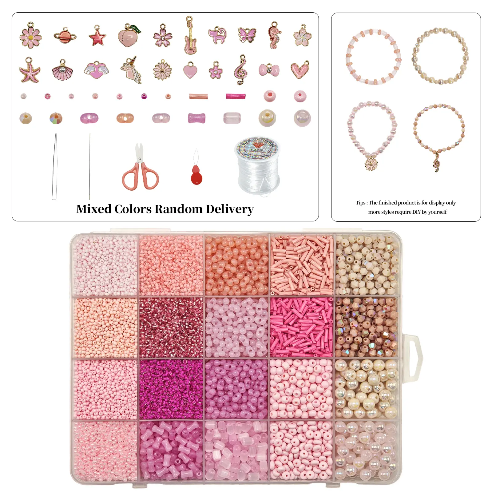 DIY Beading & Jewelry Making Kit - 10227 Gradient Blush Pink Mixed Glass Seed Tube Beads Storage Box Set, Beginner All-In-1 Kit With Floral Peach Enamel Charms, Elastic String, Scissors, Tweezers For Handmade Bracelets, Necklaces, Girly Gifts supply