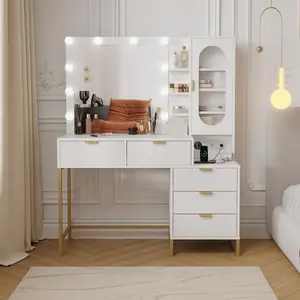 GARVEE Modern Makeup Vanity Desk with Lights, White Vanity Table with 10 Led Light Bulbs & Power Outlet, Large Storage Shelves and Drawers Makeup Table for Bedroom, Bathroom