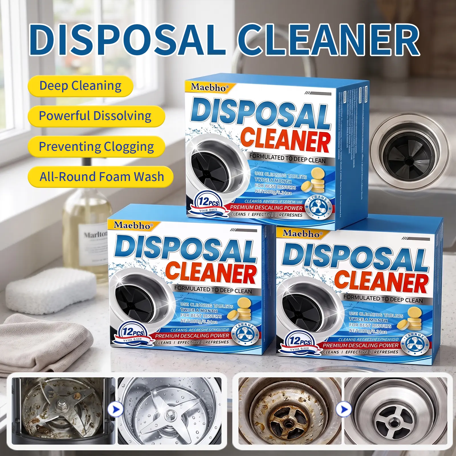 Household Kitchen Scented Garbage Disposal Cleaner Tablets, Stain & Odor Eliminator, Deep Decontamination, Long-Lasting Fresh Fragrance for Sink Drain Waste Disposer