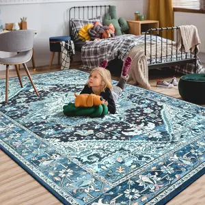 Blue Luxurious Persian-Inspired Cashmere imitation Vintage Area Rug,home decor rug, indoor carpet,Washable & Stain-Resistant Carpet for Living Room, Bedroom,Kitchen, Entryway -Vintage Print Design with Non-Slip Backing