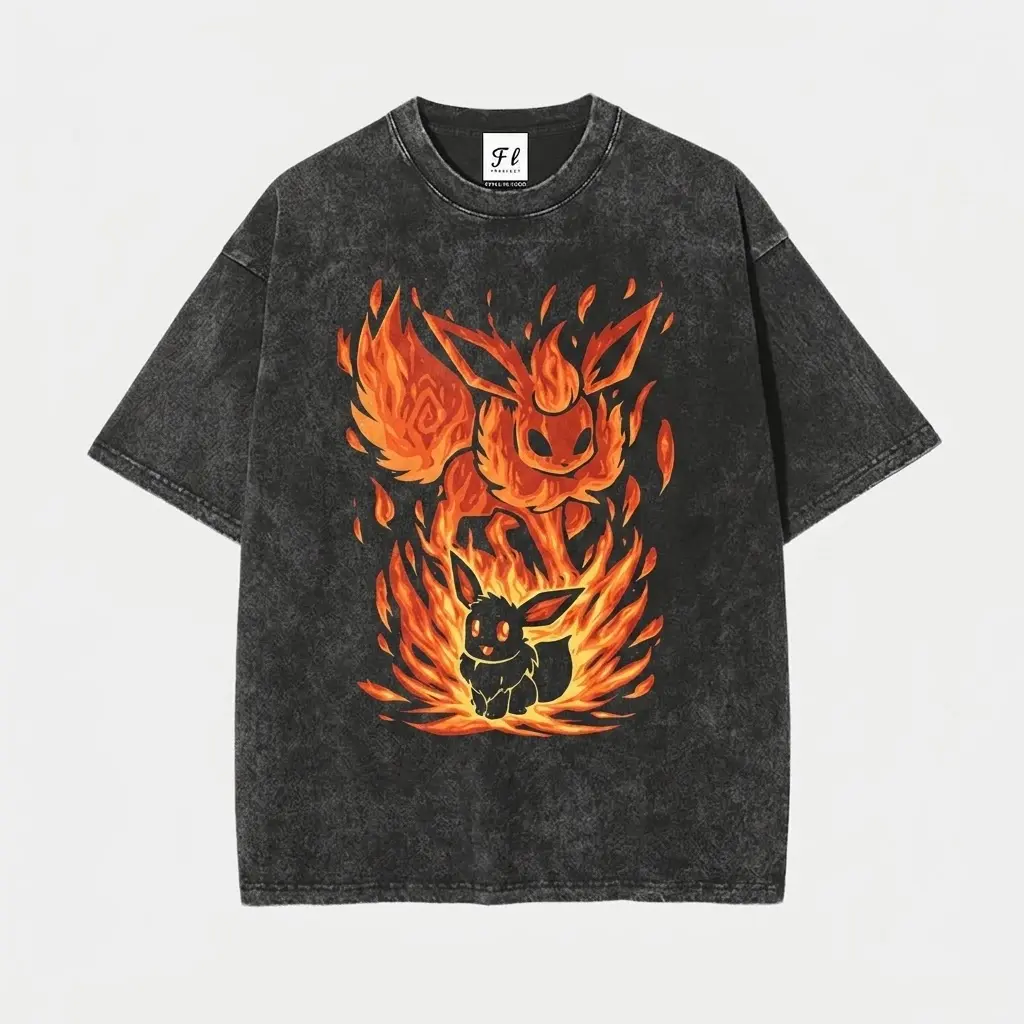 Flareon Hellfire Graphic T-Shirt Vintage Acid Wash Oversized Anime Tee Mens Womens Unisex