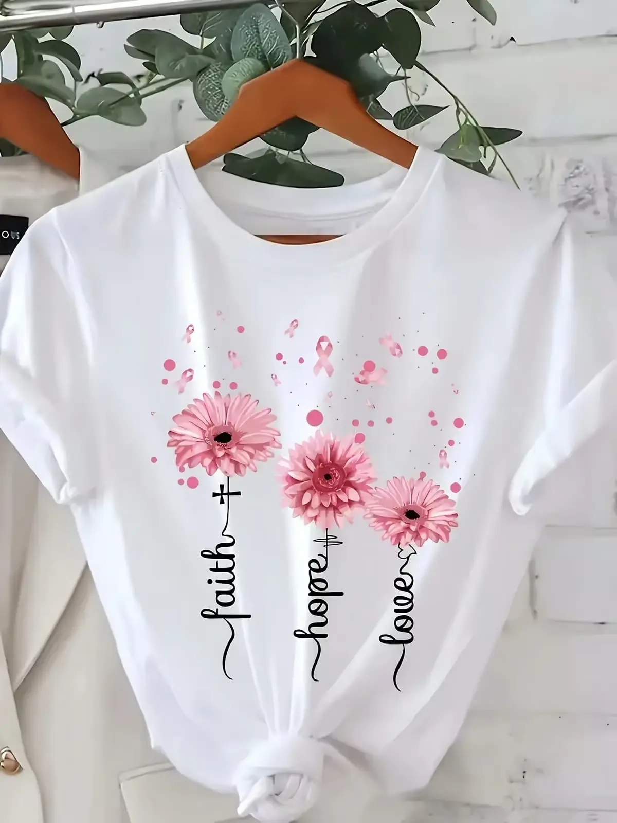 Women's Light Floral Print Faith-Based Short-Sleeve T-Shirt - Casual Round Neck, Embroidery Detail, Smart Casual & Sporty Attire, Machine Washable Blouse Top