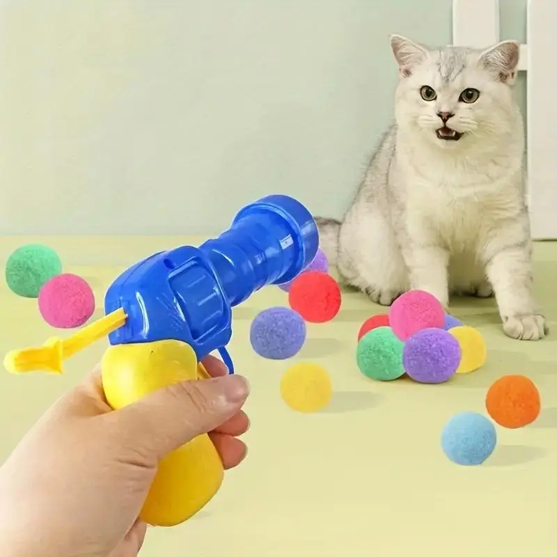 Plush Ball Launcher Cat Toy, 1 Set Including 1 Launcher & 30 Random Color Balls, Mini Balls Blaster Cat Toy, Interactive Cat Toy for Indoor & Outdoor