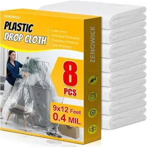 8 Pack Plastic Drop Cloth, 9x12 Ft Plastic Sheeting for Painting, Dust-Proof Tear-Resistant Painters Tarp Cloth for Furniture Floor Sofa Protector Cover Durable & Thick