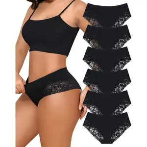 Black Cotton Underwear for Women Lace Cheeky Bikini Panties Stretch Ladies Soft Hipster Briefs 6 Pack S-XXL