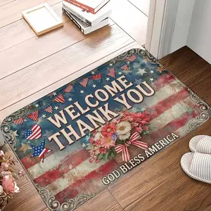 American Flag Welcome Thank You Doormat  Patriotic Stars and Stripes Floral Basket Print  Durable Non Slip Washable Decorative Mat for Front Porch Entryway Office Holiday Celebration Housewarming Gift
