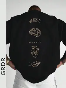 Unisex Balance Line Print Short Sleeve T-Shirt, High-End Simple Design, Loose Fit Shoulder Drop, Philosophy Quotes, Daily Wear