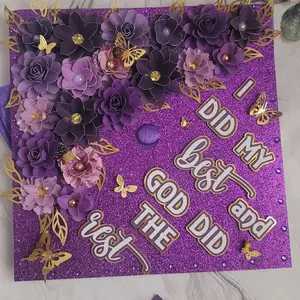 Graduation Cap Topper - Custom Grad cap , Class of 2026, 9.5 x 9.5 Inches, Cardstock Glitter Base and  paper flowers design. Custom colors