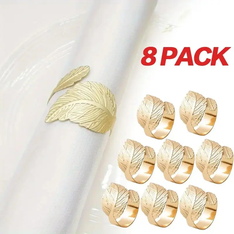 8-Pack Reusable Rustproof Sturdy Alloy Napkin Ring Set, 1.77in Metallic Gold Leaf Design, Stylish Kitchen Household Textiles Accessory for Holidays, Special Events