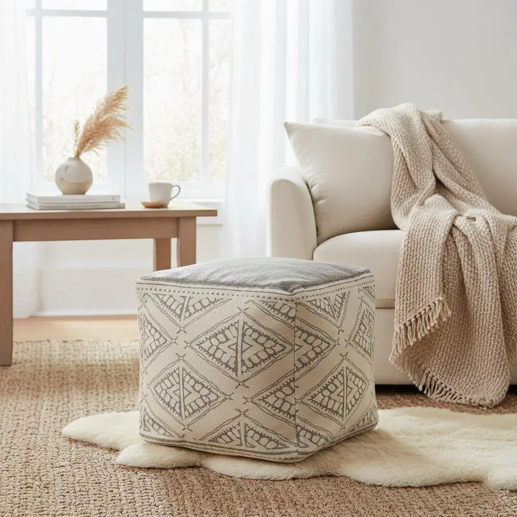 Denver Handmade Bohemian/Eclectic Geometric Square Indoor Large Pouf Ottoman, Gray/Beige