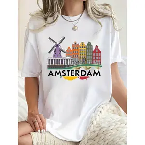 Amsterdam windmill Dutch architecture T-shirt, casual round-neck short-sleeve, Dutch style for everyday wear, machine washable