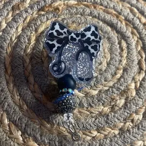 Beaded Badge Reel 2 beads with Cow Print Bow and Sparkling Accents for Stylish Identification