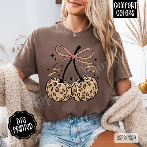 Fall Leopard Cherries Shirt Comfort Colors, Trendy Autumn Bow Tshirt