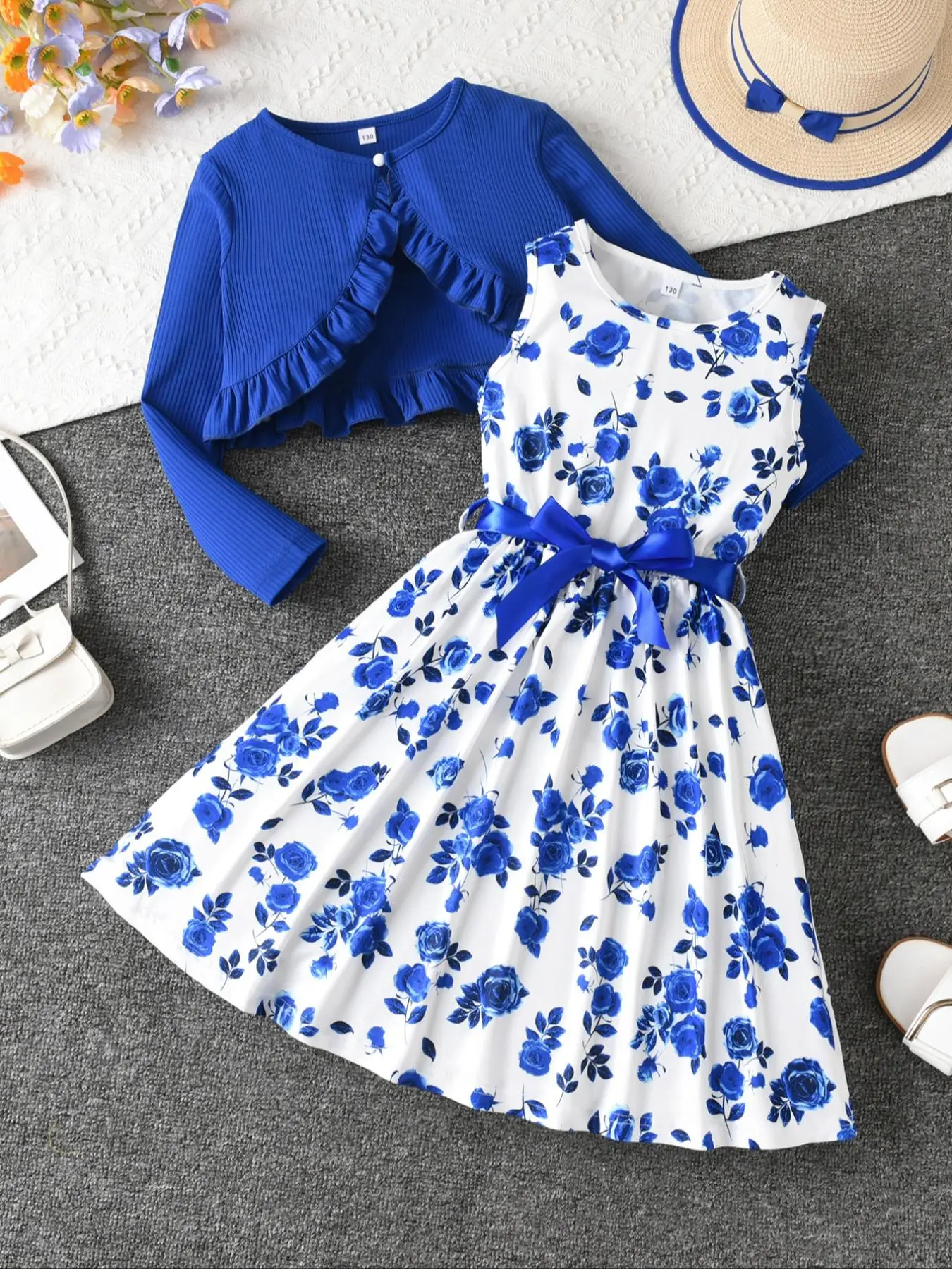 Two-piece Set Girl's Floral Print Belted Tank Dress & Ruffle Hem Open Front Crop Cardigan Set, Cute Casual Outfits for Spring & Fall, Kids Clothes for