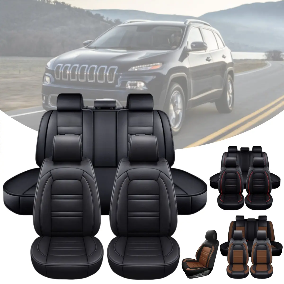 For Jeep Cherokee 2014 - 2023 5 Seater Car Seat Covers Front Rear Cushion Premium PU Leather Full Set Protector Anti-Slip Mat Pad 4 Seasons Waterproof - For Men Women Gift