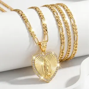 14 k Gold Plated Heart St Jude Pendant Necklace, Fashion Religious Charm Necklace for Party, Daily Decor, Trendy All-match & Exquisite Jewelry for Birthday Gift, Cuban Link Chain, Faith Pendant, Cuban Links Necklace