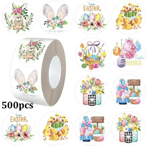 500pcs Easter Stickers Roll, 12 Designs Bunny & Egg Stickers, Self-Adhesive Sealing Stickers for Envelopes Gifts Birthday Party Supplies, Round Label