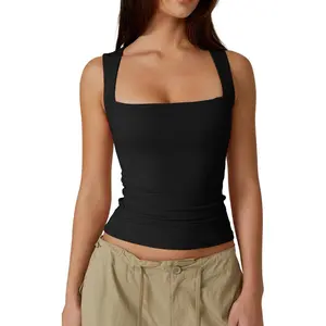QINSEN Women's Square Neck Sleeveless Double-Layer Tank Tops Basic Tight T Shirts short