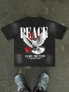 Men's Letter & Dove Print Round Neck Tee, Regular Fit Street Fashion Casual Short Sleeve T-shirt for Daily Wear, Men's Summer Clothes