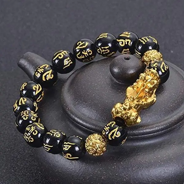 Unisex Feng Shui Pixiu Natural Black Obsidian Elastic Beaded Bracelet - Good Luck Wealth Protection Jewelry, Black Onyx Bracelet, Beading Design, Ideal Gift for Christmas Daily Wear