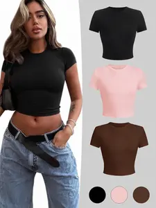 3-Pack Plain Round Neck Crop Slim Fit Short Sleeve T-Shirts, Sexy Everyday Casual Streetwear Essential, Basic Minimalist Fashionable Summer Top for Women