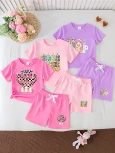 Halloween-Themed Festive Print Summer 6-Piece Set - Short Sleeve Tee & Shorts Outfit | Soft & Comfortable Everyday Wear for Holidays, Parties & Outdoor Activities | Multiple Color Options, Girls' Holiday Costume, Ideal Gift for Holidays & Birthdays