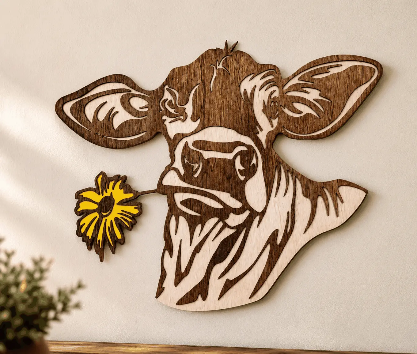 Layered Cow Wood Wall Art | Handmade Laser Cut Farmhouse Cow Decor | Rustic Farm Animal Wooden Wall Hanging | Country Home Decor | Cow Lover Gift