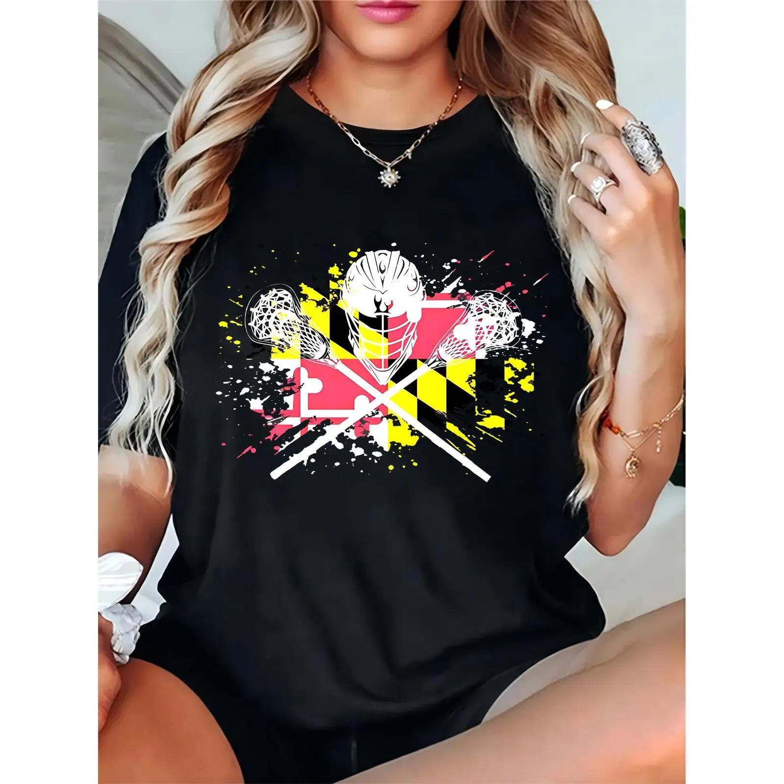 Women's Maryland Flag Lacrosse Helmet & Sticks Paint Splatters T-Shirt, Sports Game Day Fan Apparel