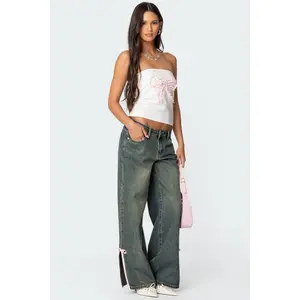 Bow Slitted Vintage Washed Low Rise Baggy Jeans