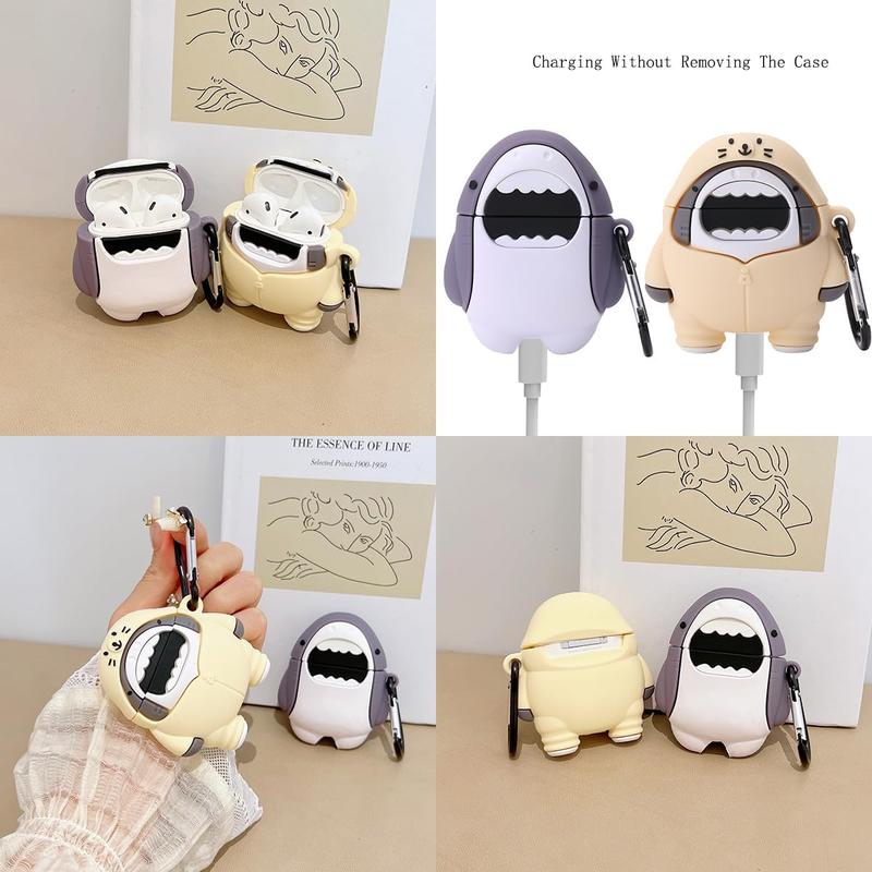 【2 Pack】 3D Cute Shark Case for Airpods 1st/2nd - High-Quality Soft Silicone Clip-on Keychain Protective Cover for Audio Headphones - Unique Purple & Beige Shark Design - Excellent Protection Against Accidental Drops
