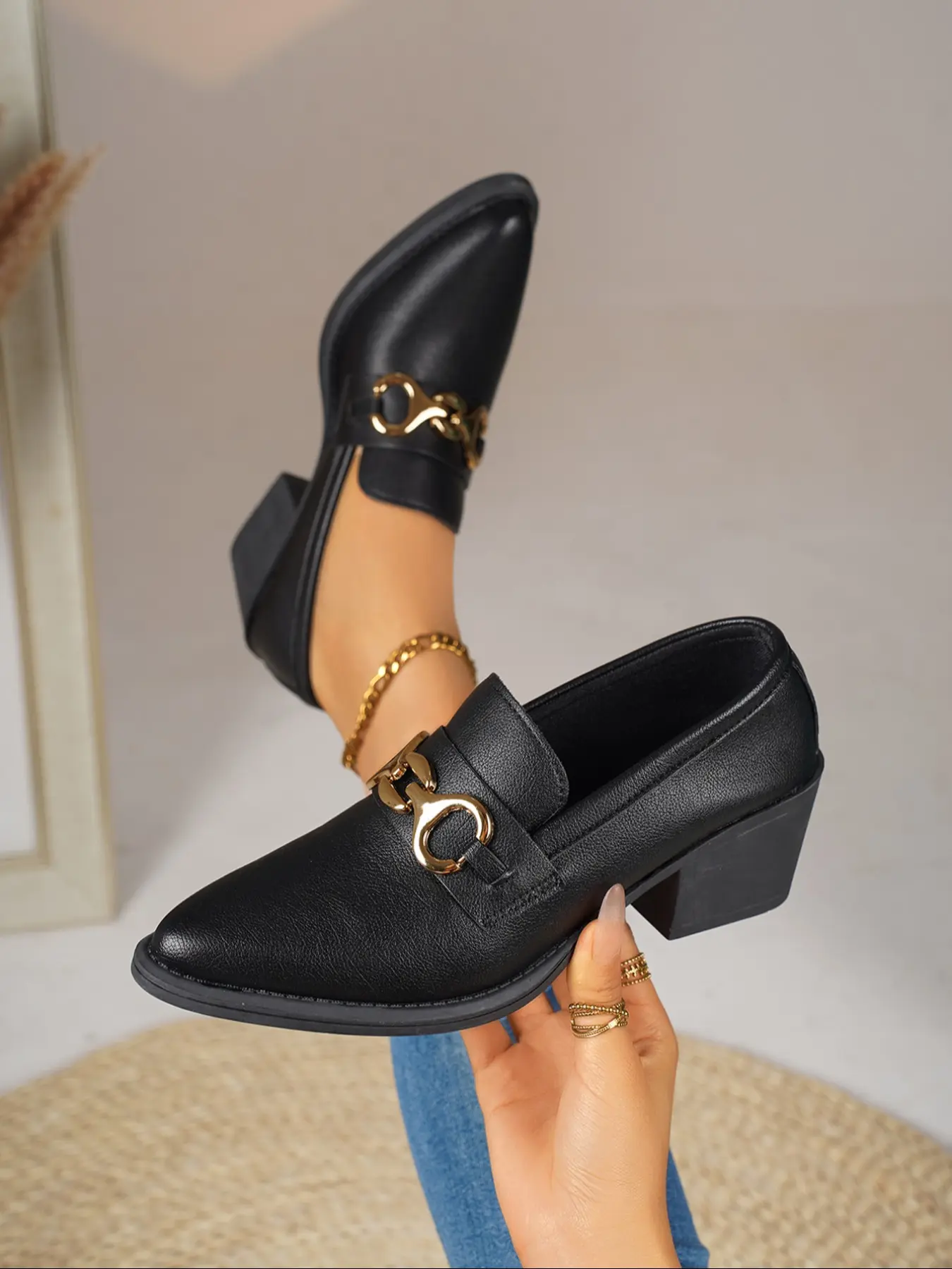 Women's Round Toe High Heel Loafers with Metal Buckle, Easy Slip-On Casual Shoes, Comfortable Fashion Footwear for Daily Wear