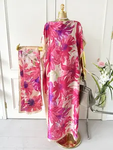 Women's Floral Print Lightweight Long Women's Fashion Print Long Robe Set, Matching Moomoo Dress + Scarf Headband, Casual Woven Fabric, Thin All-Season Wear, Beach Sun Protection