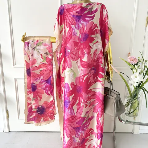 Women's Casual 2-Piece Floral Print Lightweight Woven Robe Set - Batwing Sleeves Dress, Drape Scarf Headband, Elegant Style, All-Season Beach Sun Protection, Dress Birthday Gift Option, Cute Clothes Set for Women