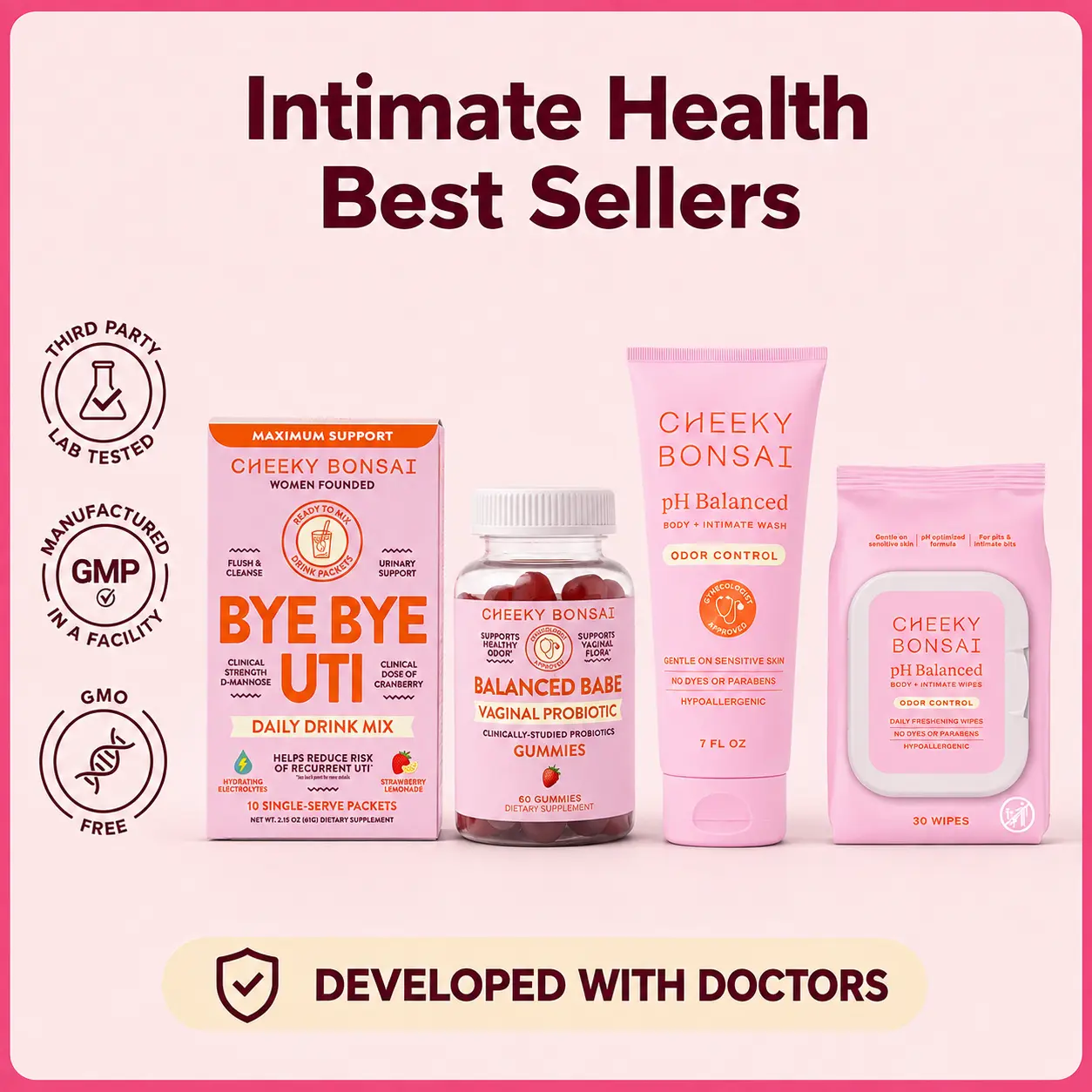 Cheeky Bonsai Women's Intimate Health Bestseller Set - Probiotic Gummies, UTI Drink Mix, pH-Balanced Sensitive Area Body Wash & Wipes, Urinary Support, Odor Control, Suitable for All Adults