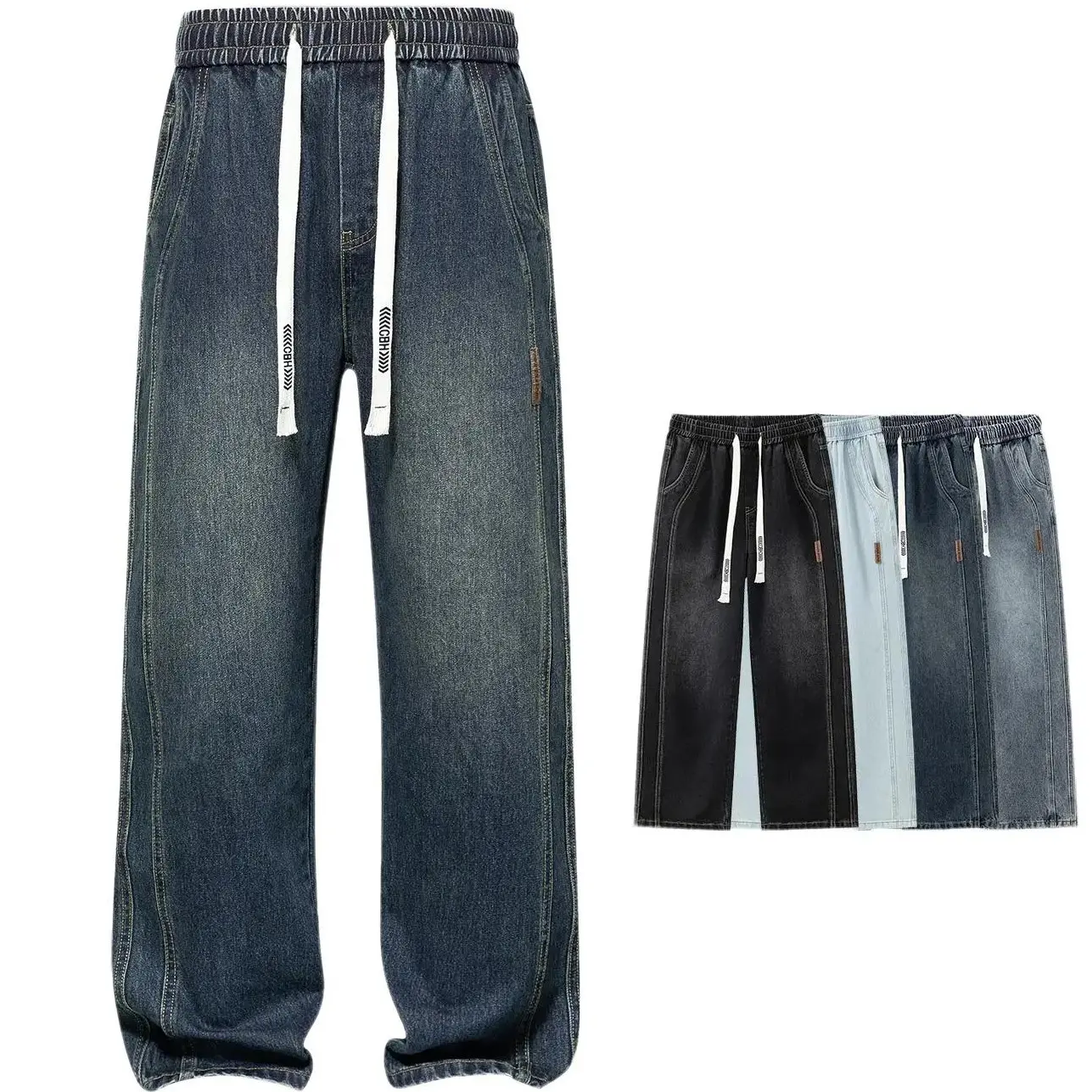 Summer lightweight men’s classic minimalist jeans with an elastic waistband and stretch fabric; retro wash, straight wide leg, casual and comfortable, versatile denim long pants with a drawstring design for easy wear; mid-rise waist with a patchwork desig