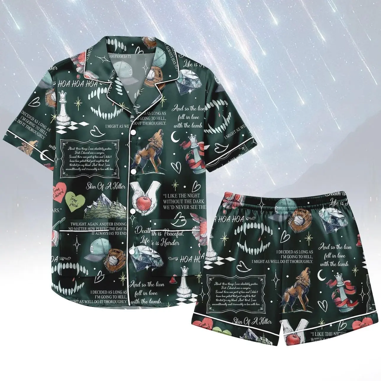 Vampire Short Satin PJs Set, Twilight Satin Pajamas, Dark Night Short Pajama Set, Women Pyjama, Gift for Her