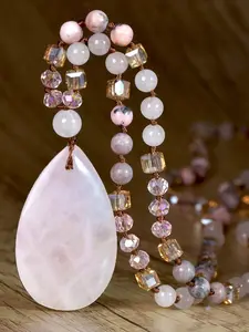 Women's Boho Natural Pink Crystal Necklace, Rose Quartz Water Drop Pendant Long Chain, Jewelry Gift for Mother's Day Valentine's Birthday