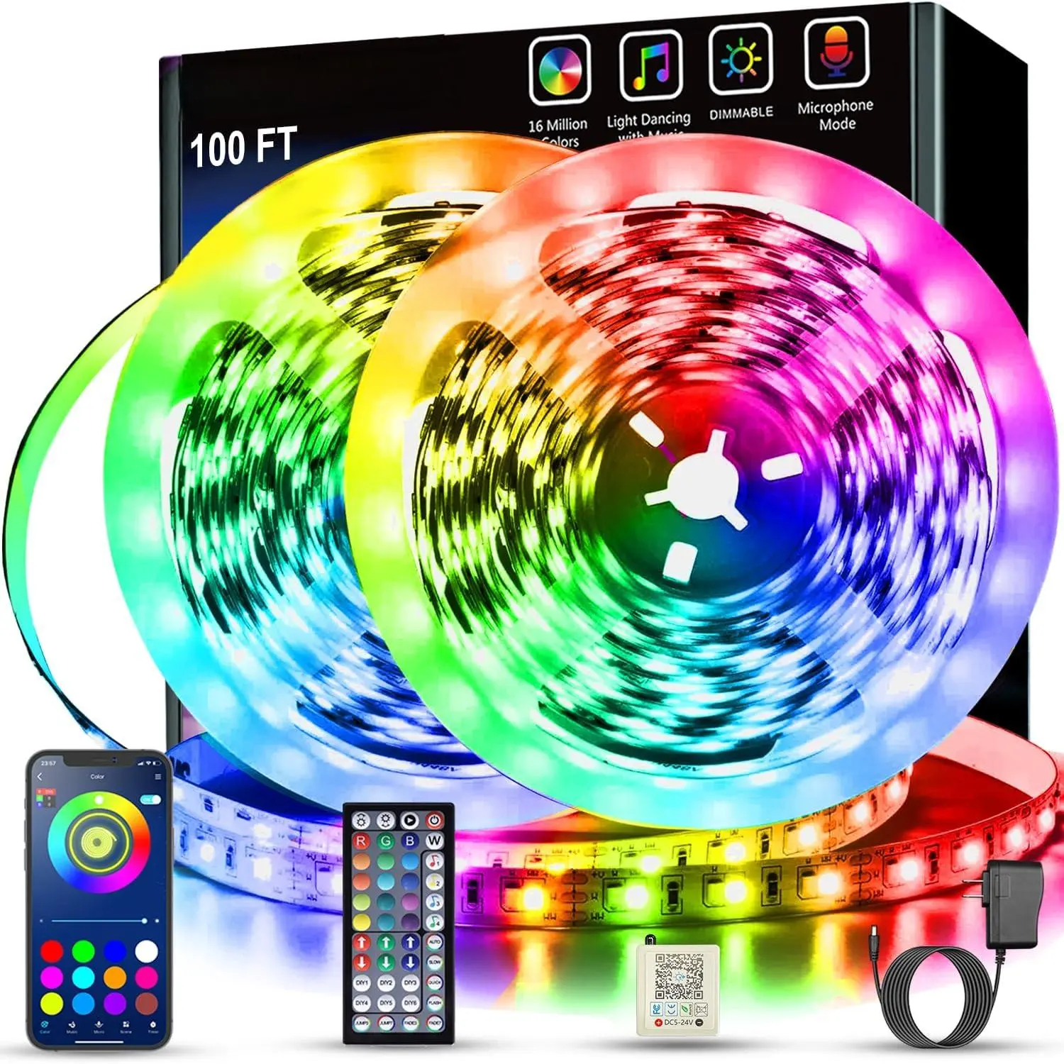 Led Lights  Bedroom 100 ft (2 Rolls of 50ft) Music Sync Color Changing RGB Led Strip Lights with Remote App Control Bluetooth Led Strip, Lights  Room Home Kitchen Party Decor
