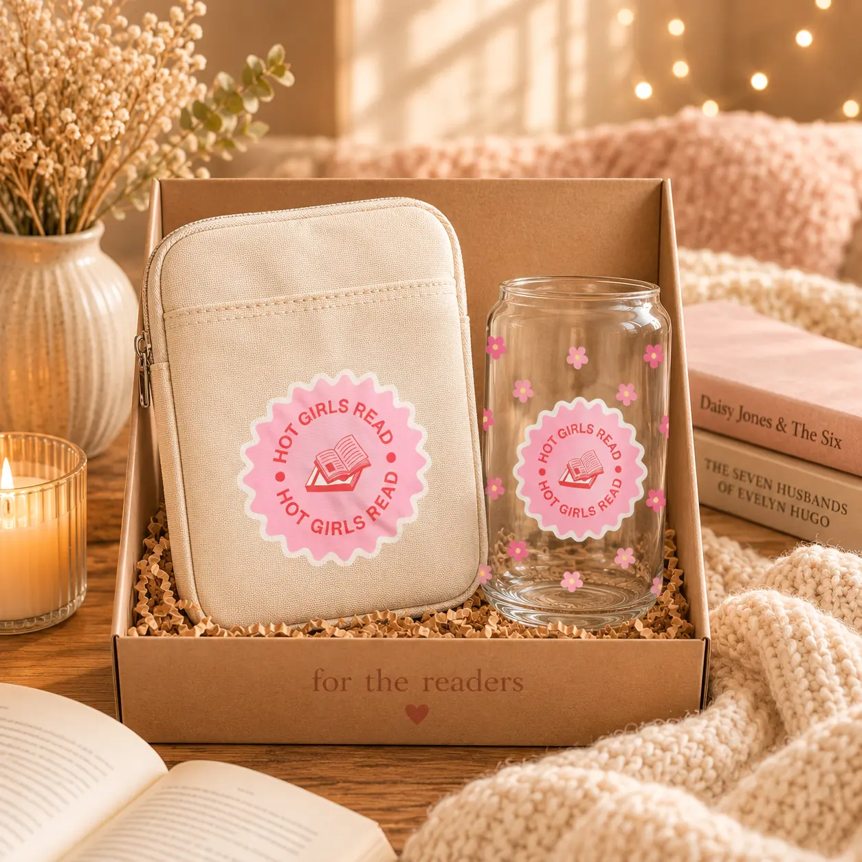 Handmade Ultimate Cozy Reader Gift Set, Bamboo Lightweight Premium Padded Kindle Sleeve, 16oz Libbey Glass Can for BookTok Lovers & Hot Girls Read Enthusiasts