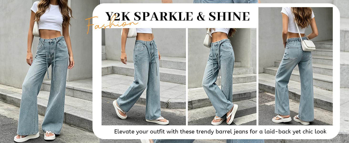 Tanming Womens Rhinestone Wide Leg Jeans High Waisted Baggy Sparkly Denim Pants Y2K Loose Fit Streetwear Trousers
