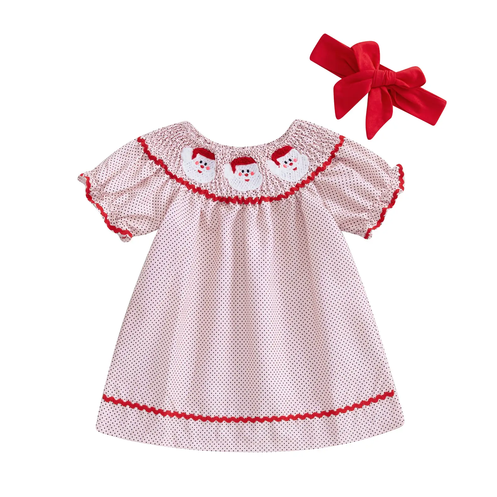 Canrulo Toddler Baby Girl Christmas Outfit Short Sleeve Santa Claus Embroidery Smocked Dress Xmas Princess Dress Headband Set