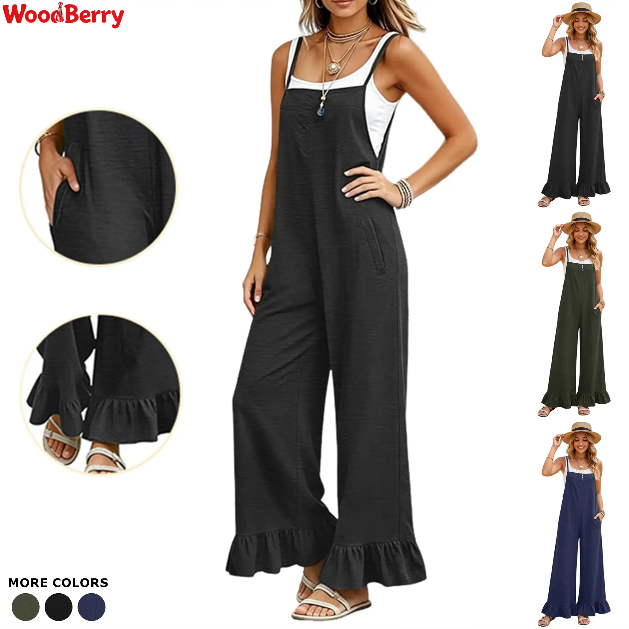 WoodBerry Women's Sleeveless Casual Overalls - Basic Boho Floral Print Jumpsuits with Ruffle Hem, Loose Baggy Rompers for Women, Boho Clothes For Women