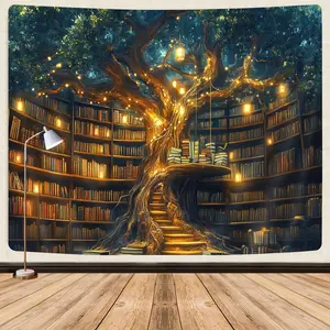 Fantasy Library Tapestry For Classroom, Mysterious Tree Magic Bookshelf Aesthetic Tapestries, Witchy Fairytale Tree Vintage Bookshelf Book Art Tapestry Wall Hanging College Room Bedroom