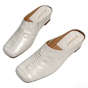 2026 Spring/Summer Vintage Chunky Heel Mules with Hand-Scratched Sheepskin, Distressed Look, Fashionable Height-Increasing Women's Slippers