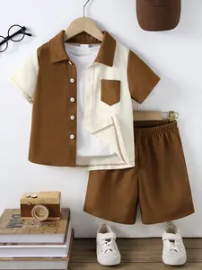 Boys' Spring Summer Casual Plain Waffle Knit Short Sleeve Shirt & Shorts Suit Set Outfit, Simple Design, Comfortable Fit, Perfect for Daily Wear